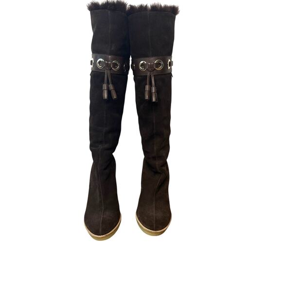 Gucci Dark Brown Suede Leather Fur Lined Tassel Knee Winter High Boots Size 6.5 - Picture 4 of 15